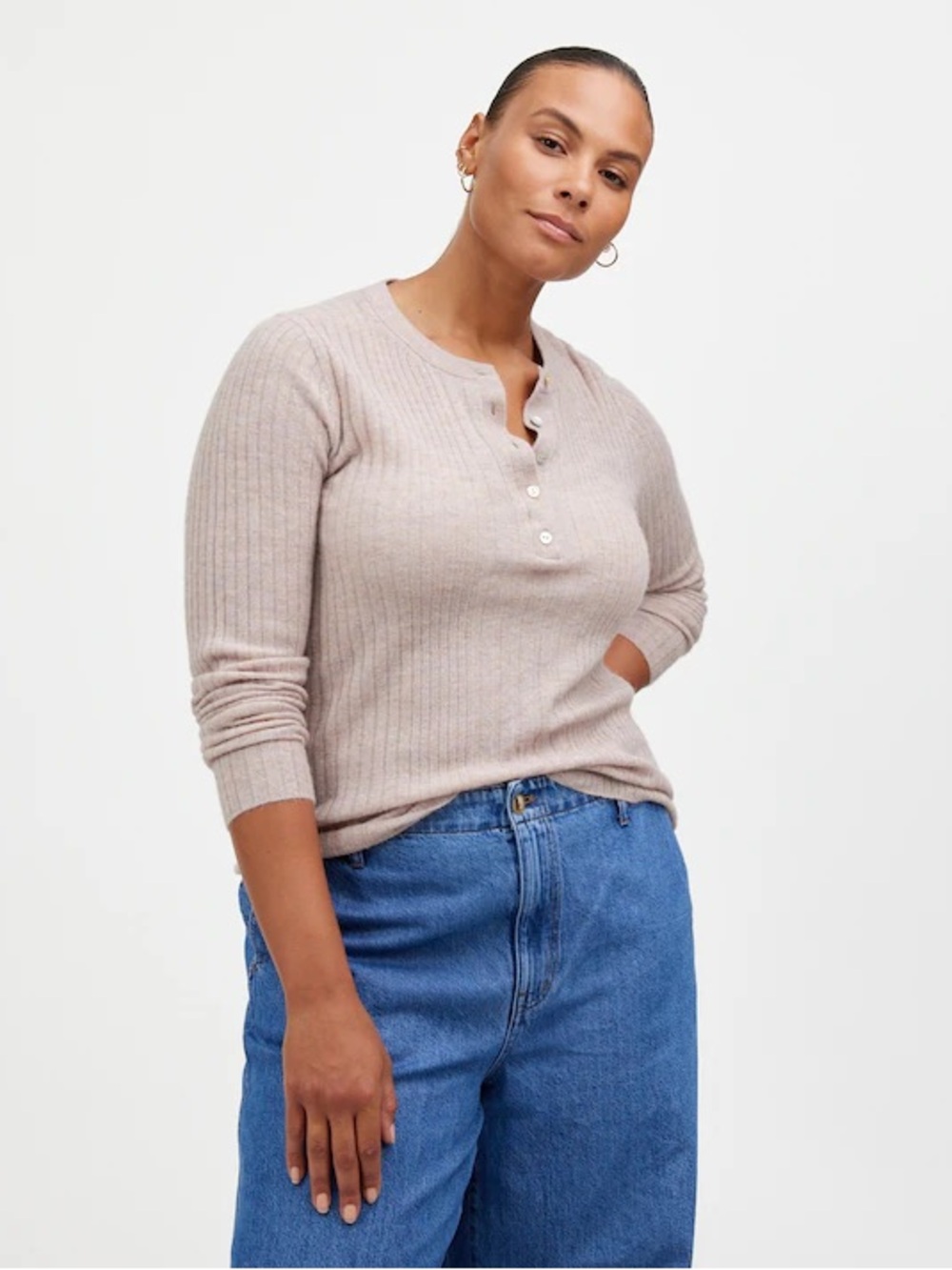 Madewell Alpaca-Blend Henley Sweater Sand Small Lightweight Ribbed Pullover Tan